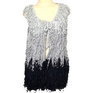Patchington Gray Blue Knit Sweater Vest Sz L/XL Fringes Artsy Boho Open Cardigan